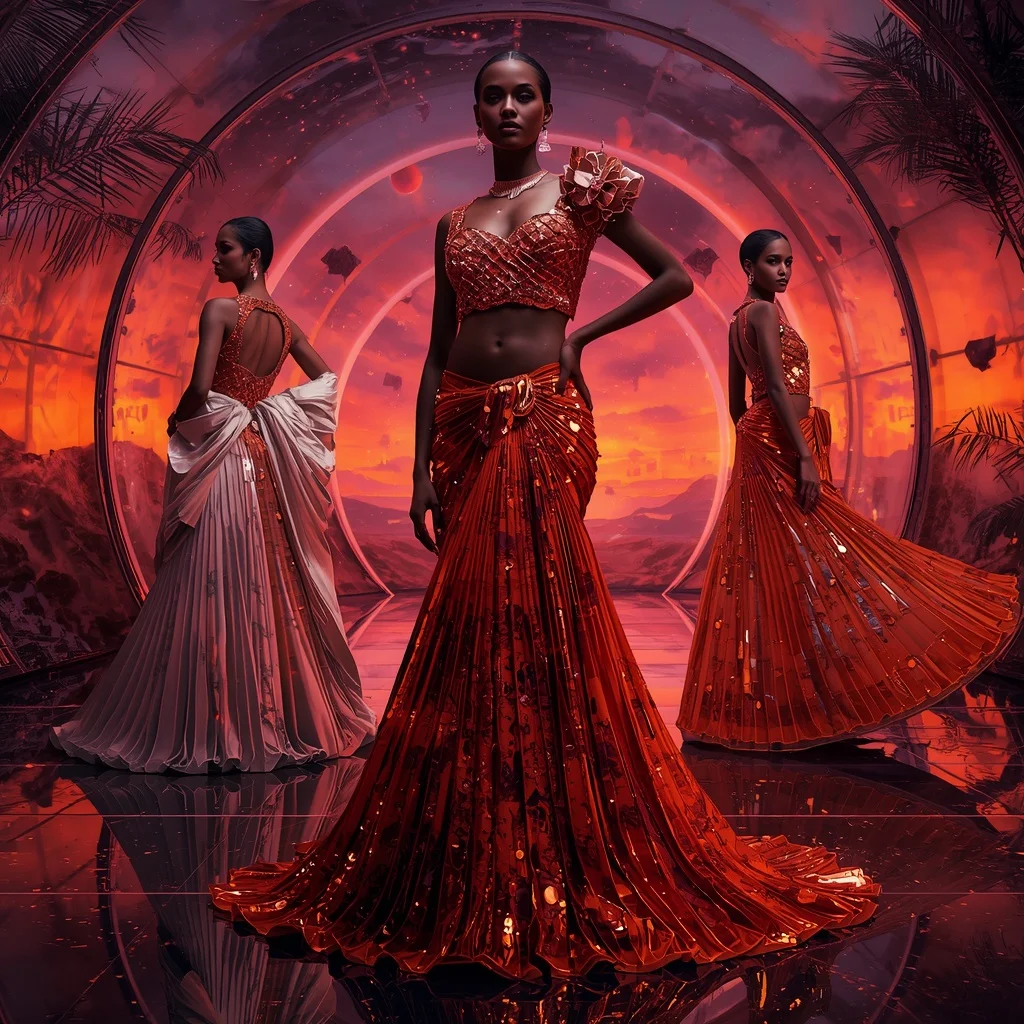 Titanium Sunset Mirage Saree with Neon Horizon Galaxy Dome | Stable Diffusion Prompt