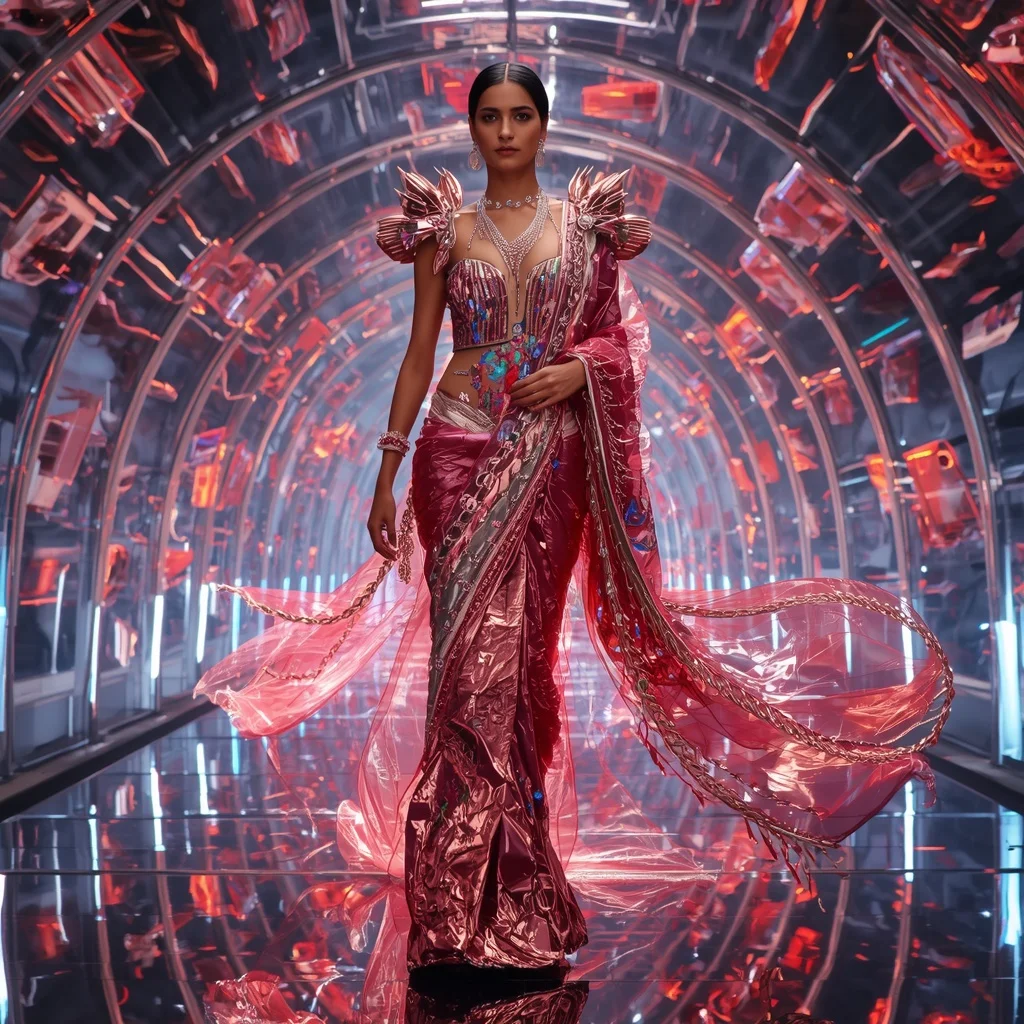 Title: Aurora Blaze Infinity Saree with Floating Neon Crystal Tunnels | Trending Prompt For Gemini Ai Girl
