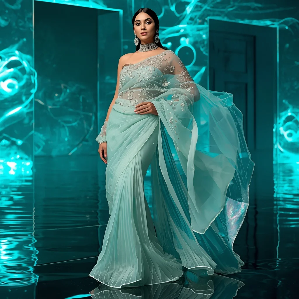 Transparent Aqua Candy Saree with Water Reflection Club | Ai Prompt Text To Image