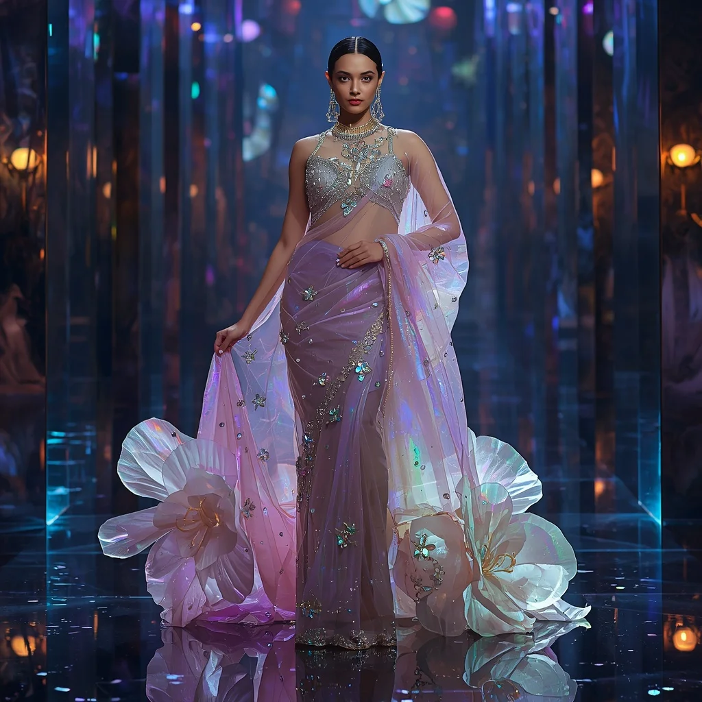 Transparent Aurora Camellia Saree with Cosmic Prism Empire | Wedding Ai Prompt