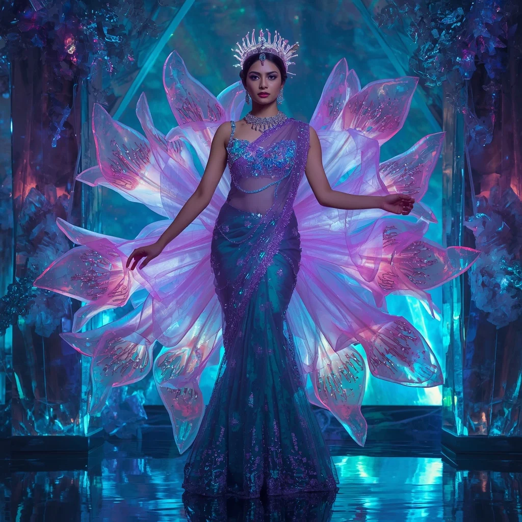 Transparent Aurora Lily Crown Saree with Cosmic Crystal Fortress | ChatGPT Ai Prompt