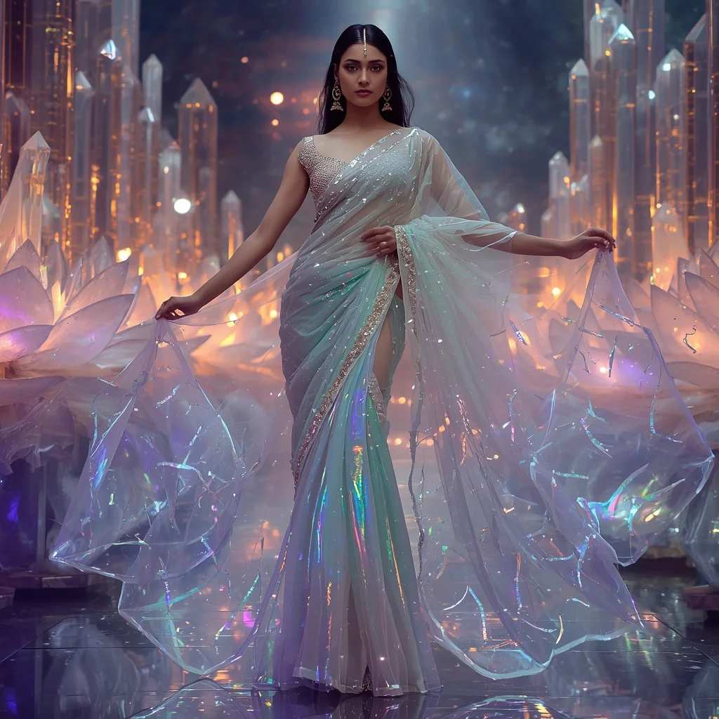 Transparent Aurora Lotus Cathedral Saree with Cosmic Crystal Empire | Prompt Seen Trending Girl Instagram