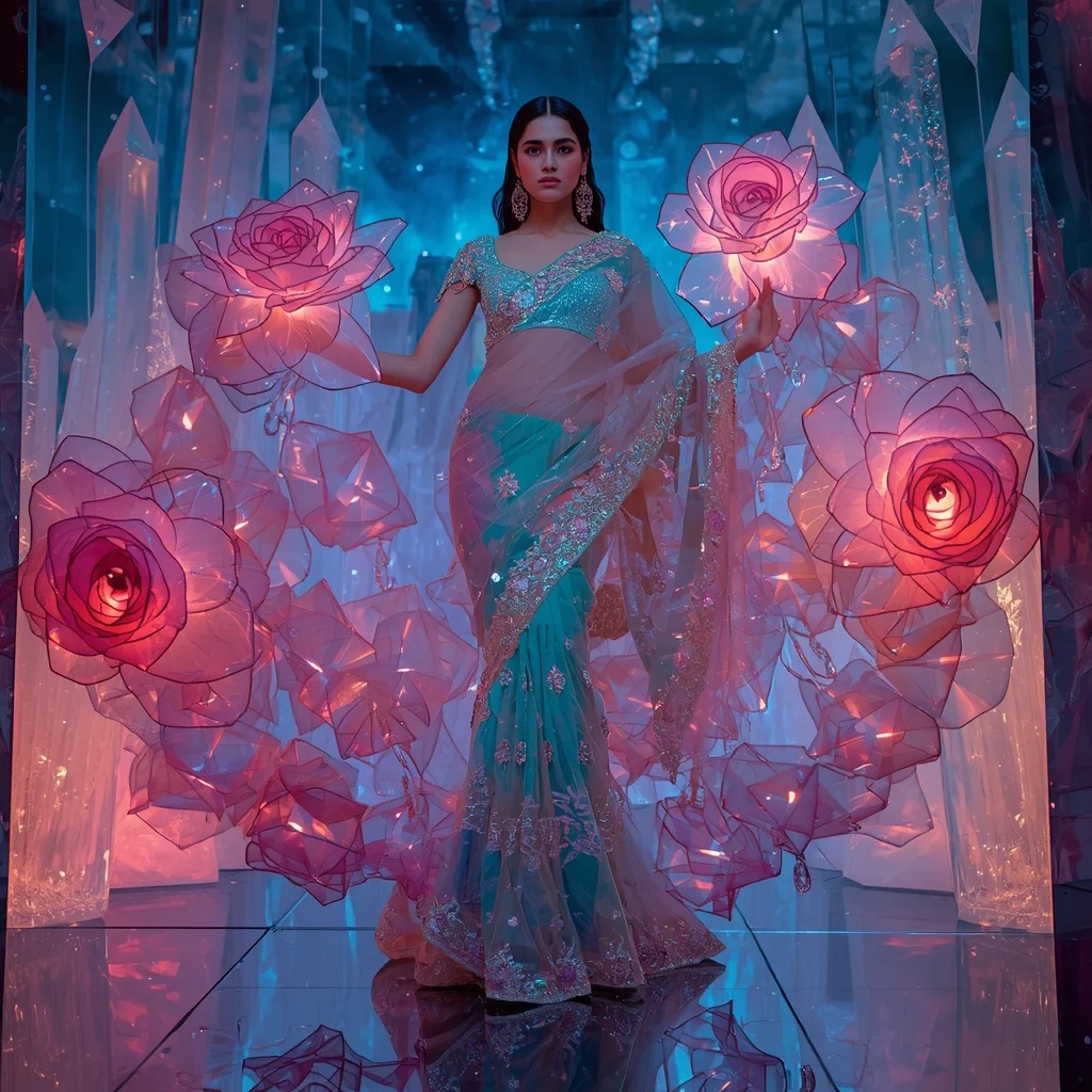 Transparent Aurora Rose Kingdom Saree with Cosmic Crystal Palace | Prompt Seen Girl Photo Editing ChatGPT