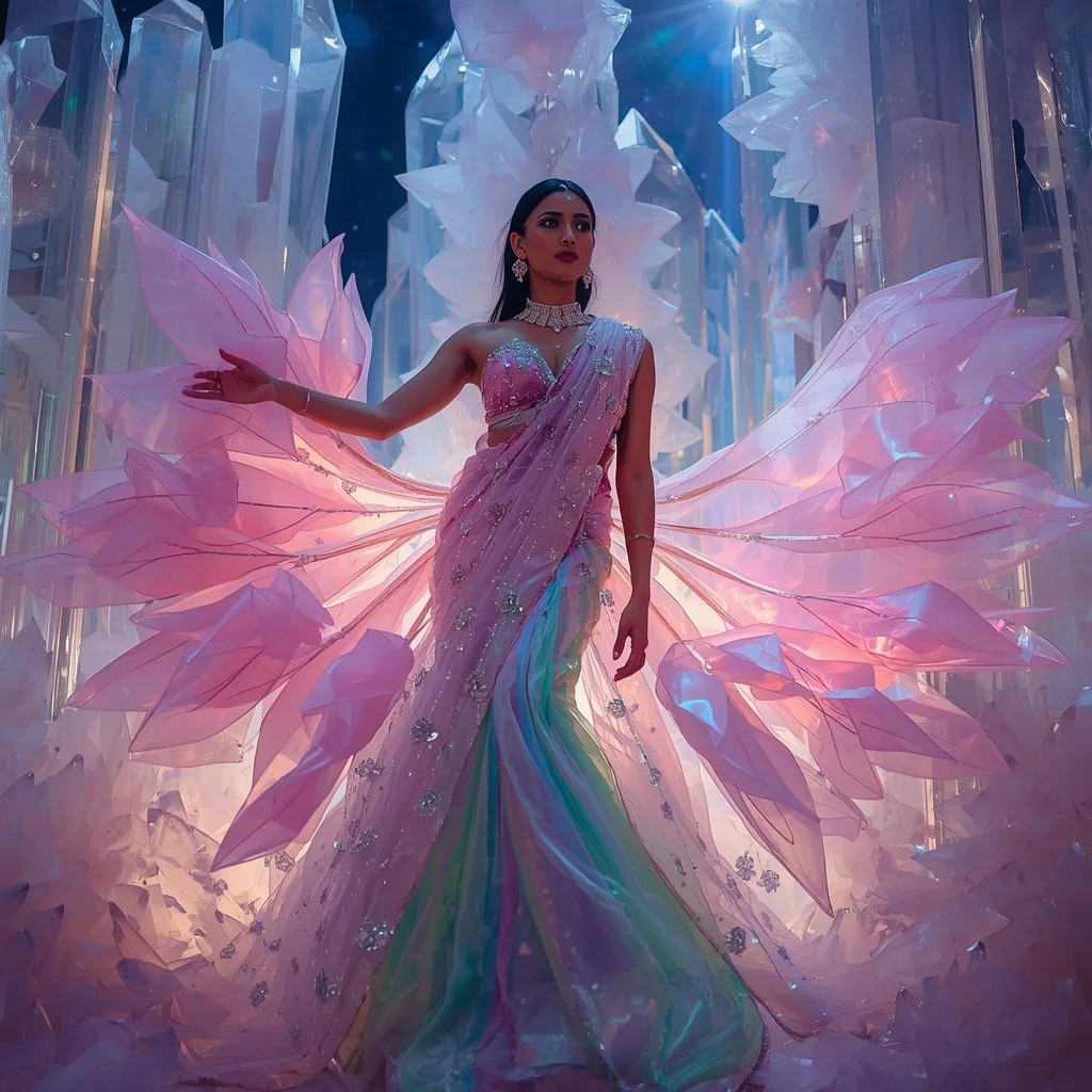 Transparent Aurora Sakura Cathedral Saree with Cosmic Crystal Kingdom | Stable Diffusion Prompt