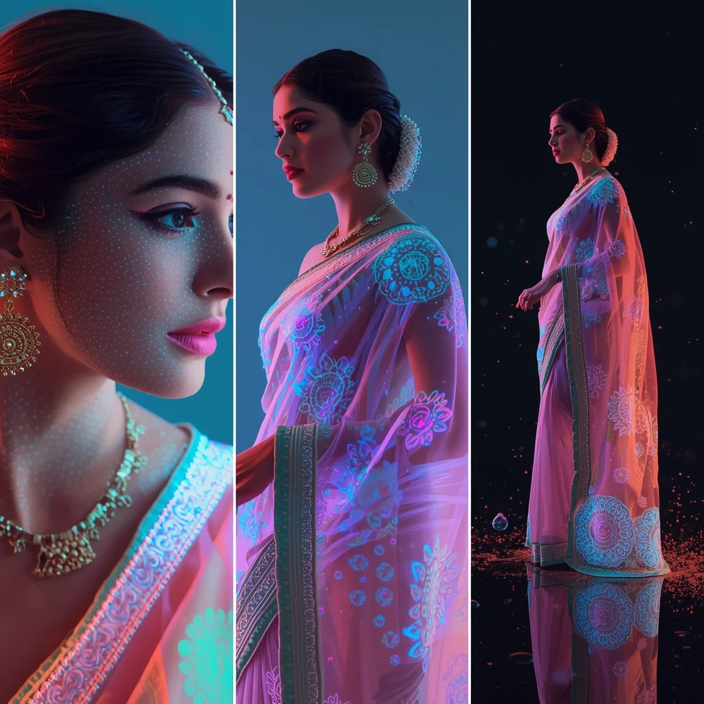 Triptych Columns Cyber Traditional Neon Thread Saree Premium Collage | Easy Ai Prompt