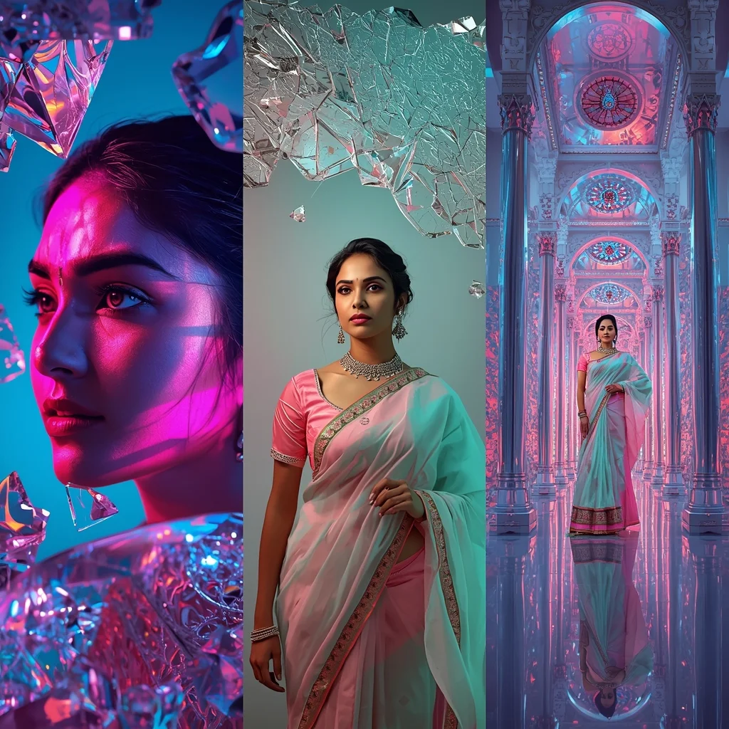 Triptych Layout Shattered Neon Stained Glass Saree | Beautiful Saree Girl Ai Prompt Cinematic