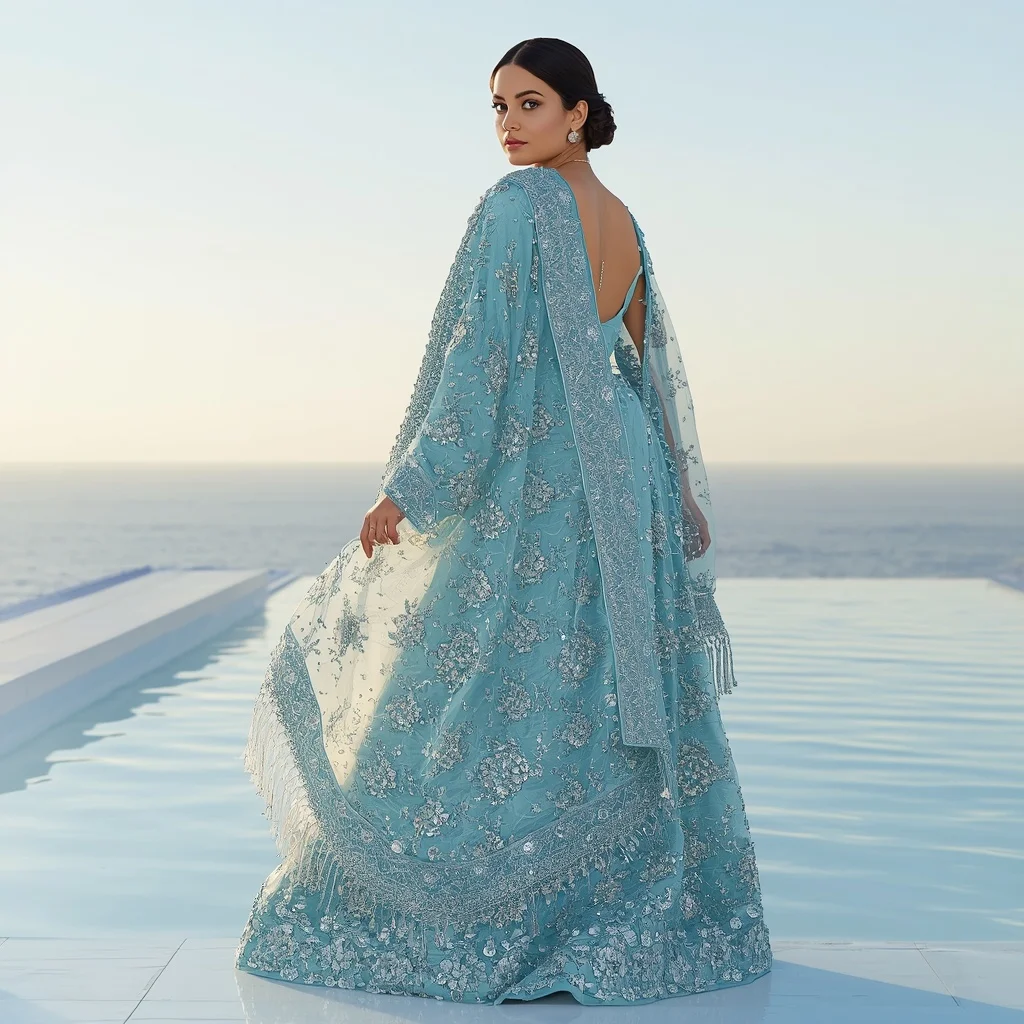 Turquoise Blue Fancy Saree with Heavy Swarovski Crystals | 3d Animation Ai Prompt
