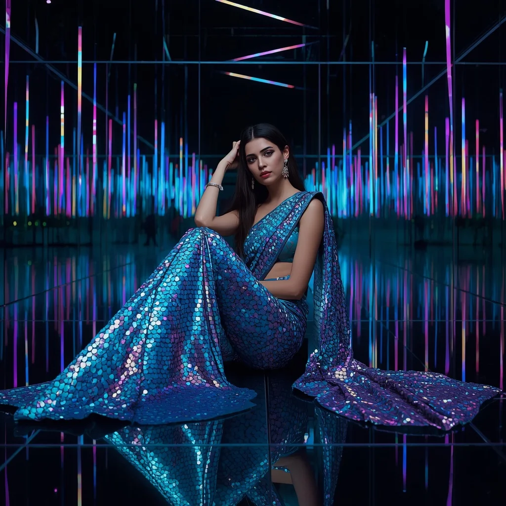 Turquoise Scale-Sequin Premium Saree on Infinity Mirror Floor | Grok Ai Prompt