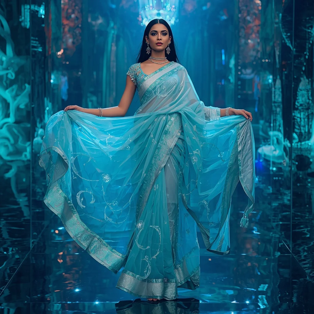 Ultra Luxury Aqua Aurora Crystal Saree with Floating Circular Editorial Walk and Water Reflection Palace Background | Image Prompt