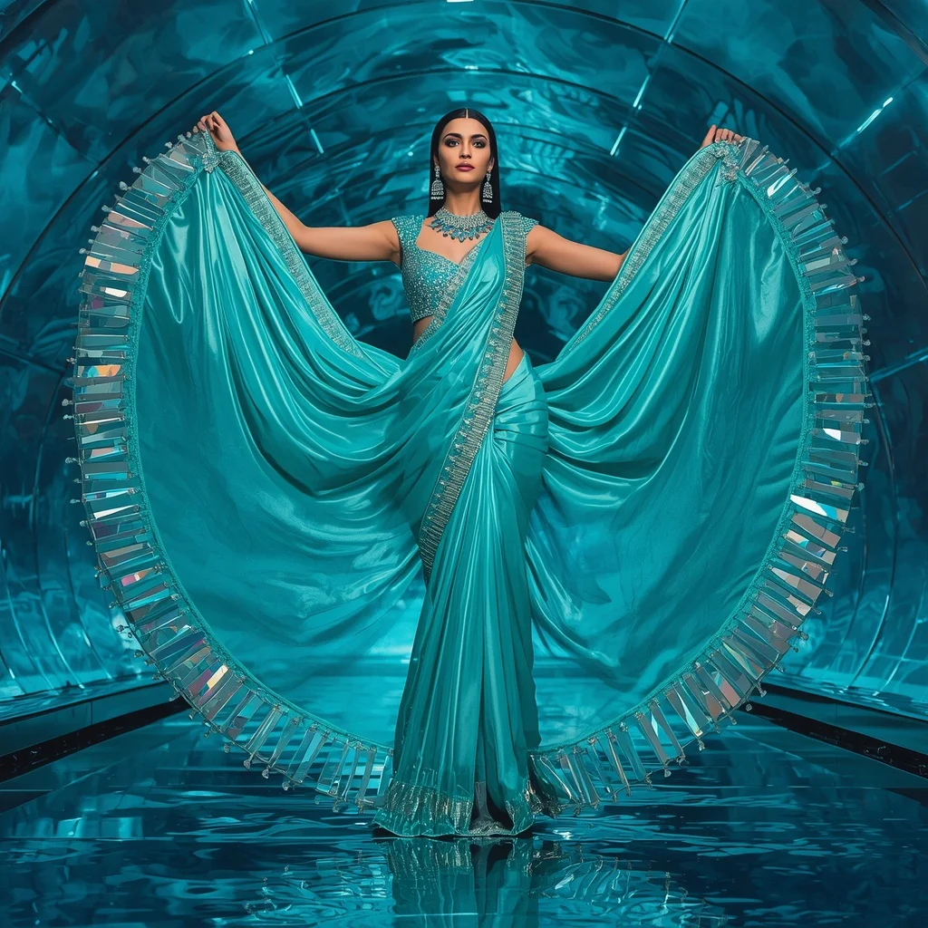 Ultra Luxury Aqua Aurora Saree with Floating Circular Editorial Air Curl and Water Reflection Dome Background | Art Ai Prompt