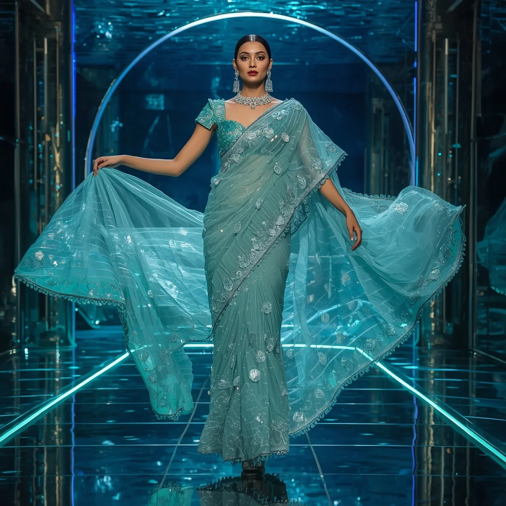 Ultra Luxury Aqua Moonwave Saree with Floating Circular Editorial Walk and Water Reflection Palace Background | Style Ai Prompt