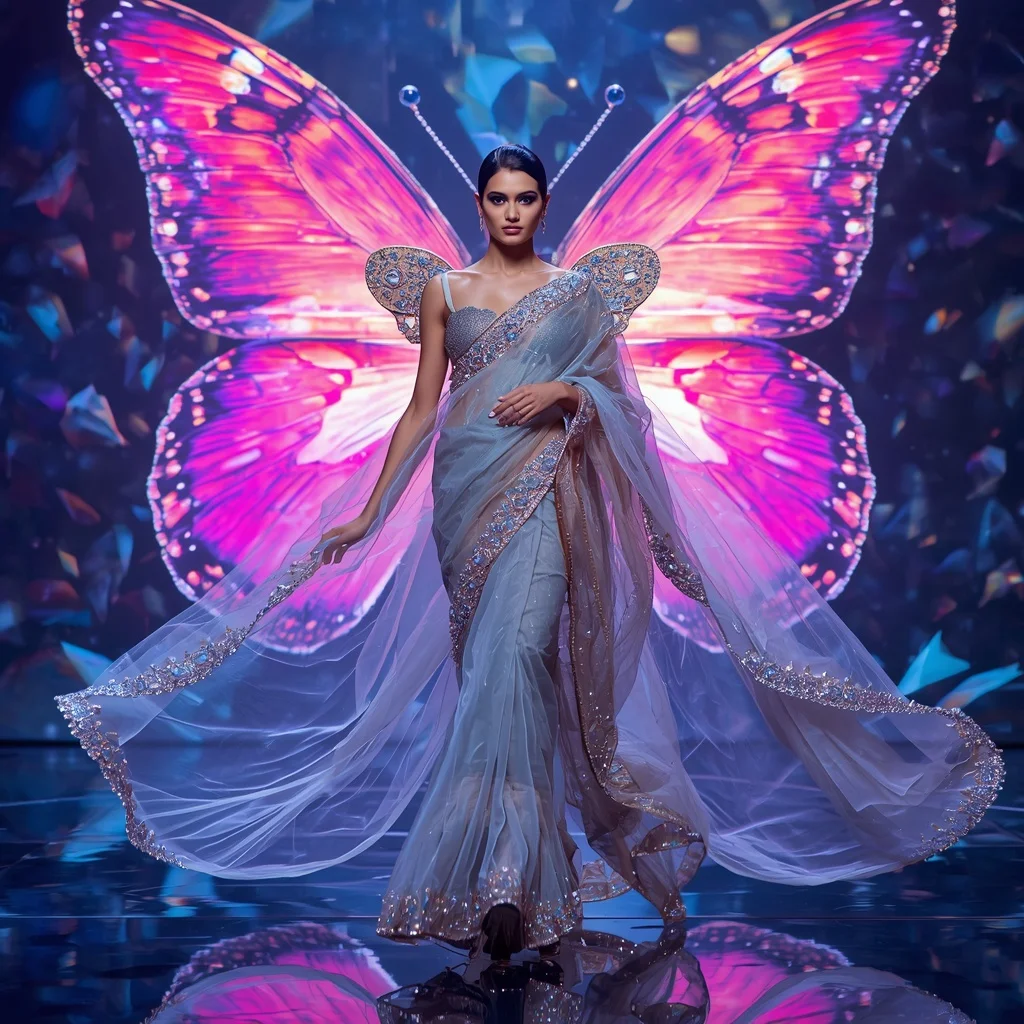 Ultra Luxury Cosmic Butterfly Saree with Floating Editorial Diamond Walk and Giant Neon Prism Butterfly Background | Best Ai Prompt 2026