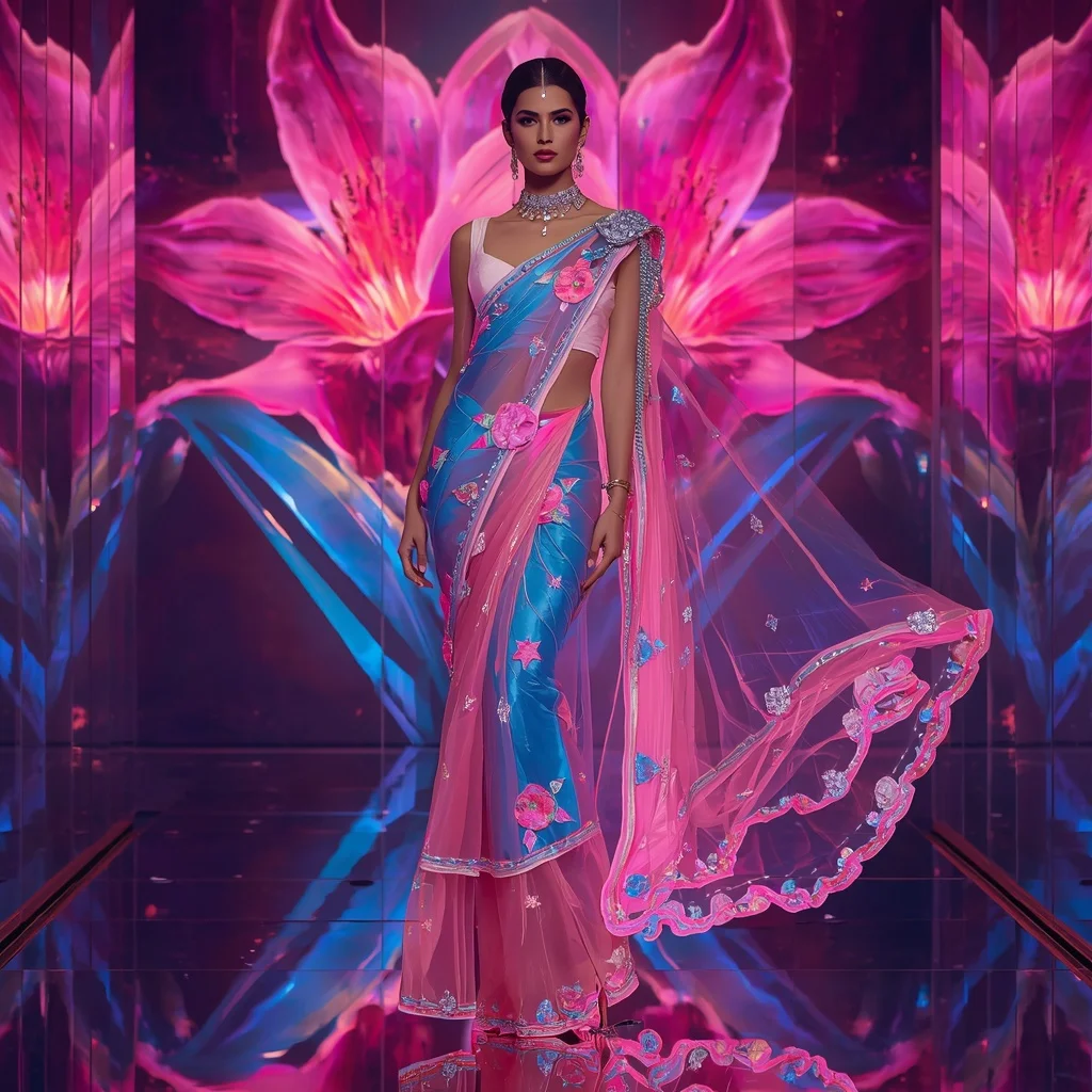 Ultra Luxury Cosmic Lily Saree with Floating Editorial Diamond Spiral and Giant Neon Lily Reflection Palace Background | Prompt Seen Girl Photo Editing Trending Instagram