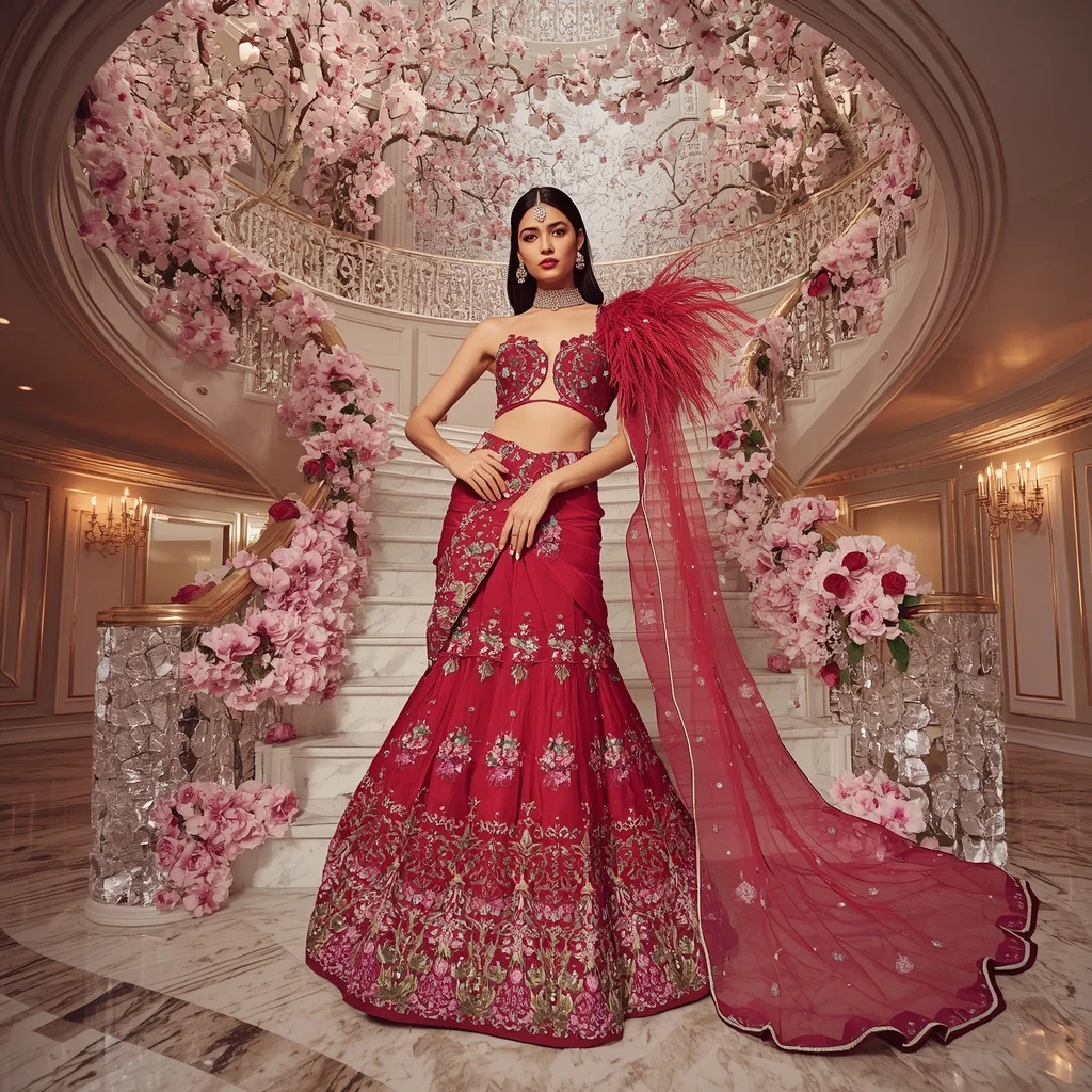 Ultra Luxury Crystal Cherry Peacock Saree Couture with Floating Floral Diamond Palace Background | Character Design Ai Prompt