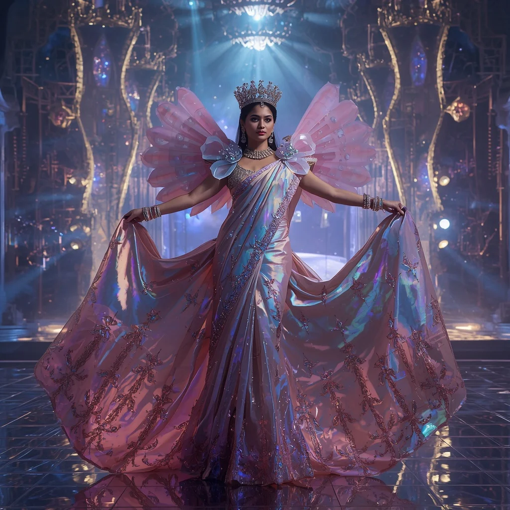 Ultra Luxury Crystal Infinity Festival Crown Saree with Eternal Multiverse Palace | Prompt Seen Girl Lehenga