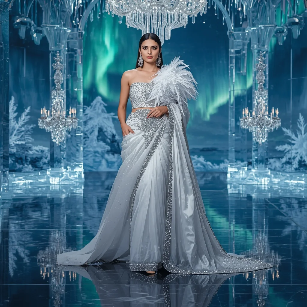 Ultra Luxury Crystal Polar Swan Saree Couture with Frozen Aurora Palace Background | Trending Prompt Girls