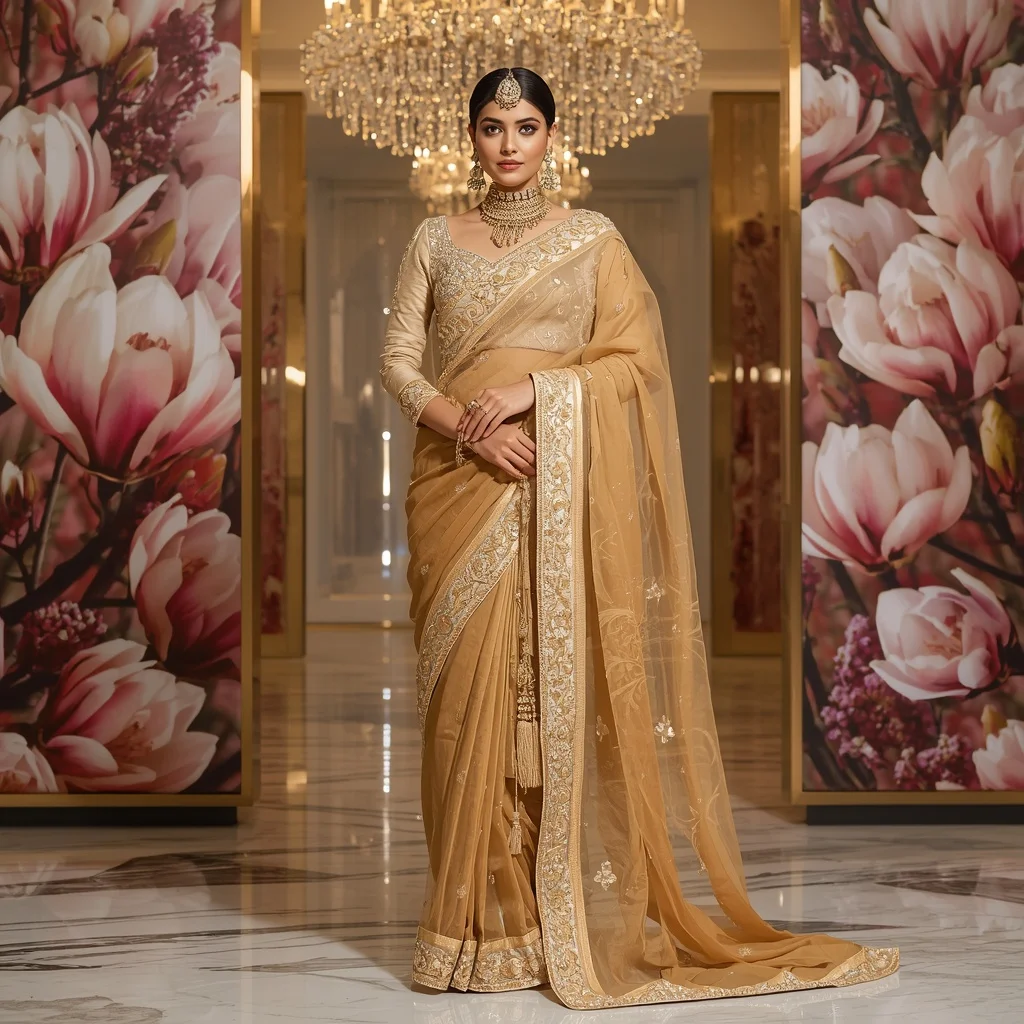 Ultra Luxury Golden Magnolia Crown Saree with Floral Crystal Citadel Background | Pre Wedding Ai Prompt