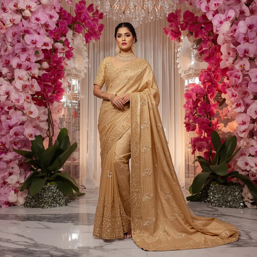 Ultra Luxury Golden Orchid Queen Saree with Floral Crystal Empire Background | Lighting Ai Prompt