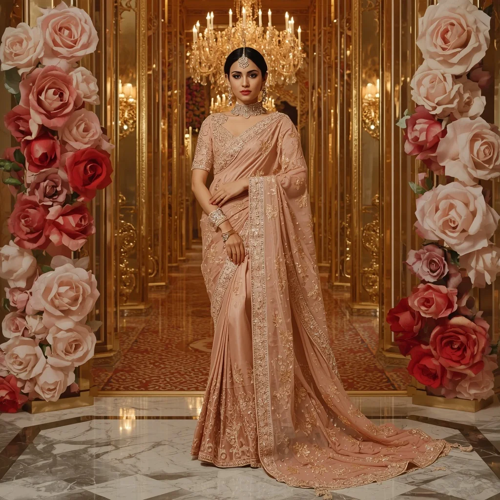 Ultra Luxury Golden Rose Samragyi Saree with Floral Crystal Palace Background | Instagram Influencer Ai Prompt