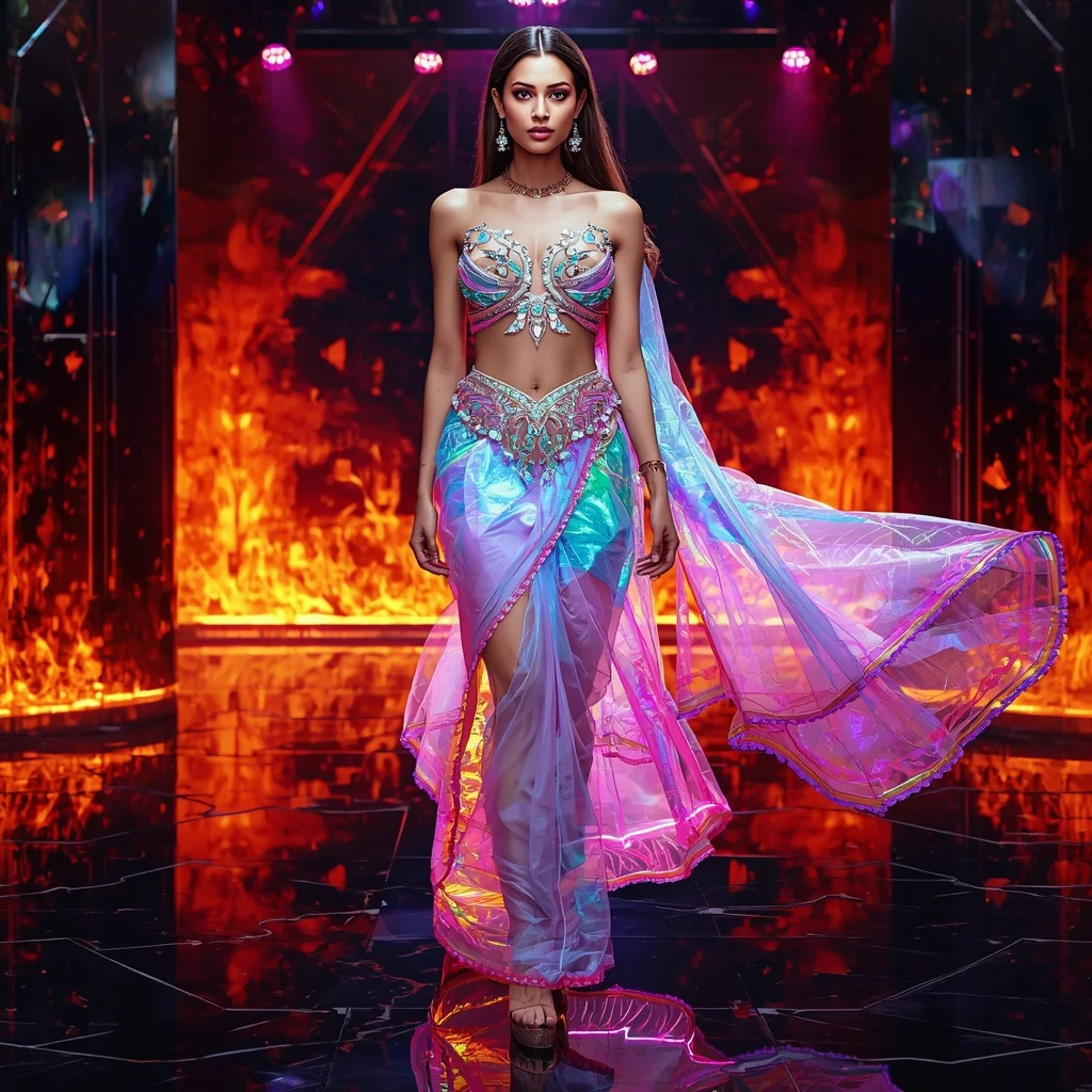 Ultra Luxury Neon Crystal Saree with Sharp Editorial Air Walk and Fire Reflection Dome Background | Stable Diffusion Prompt