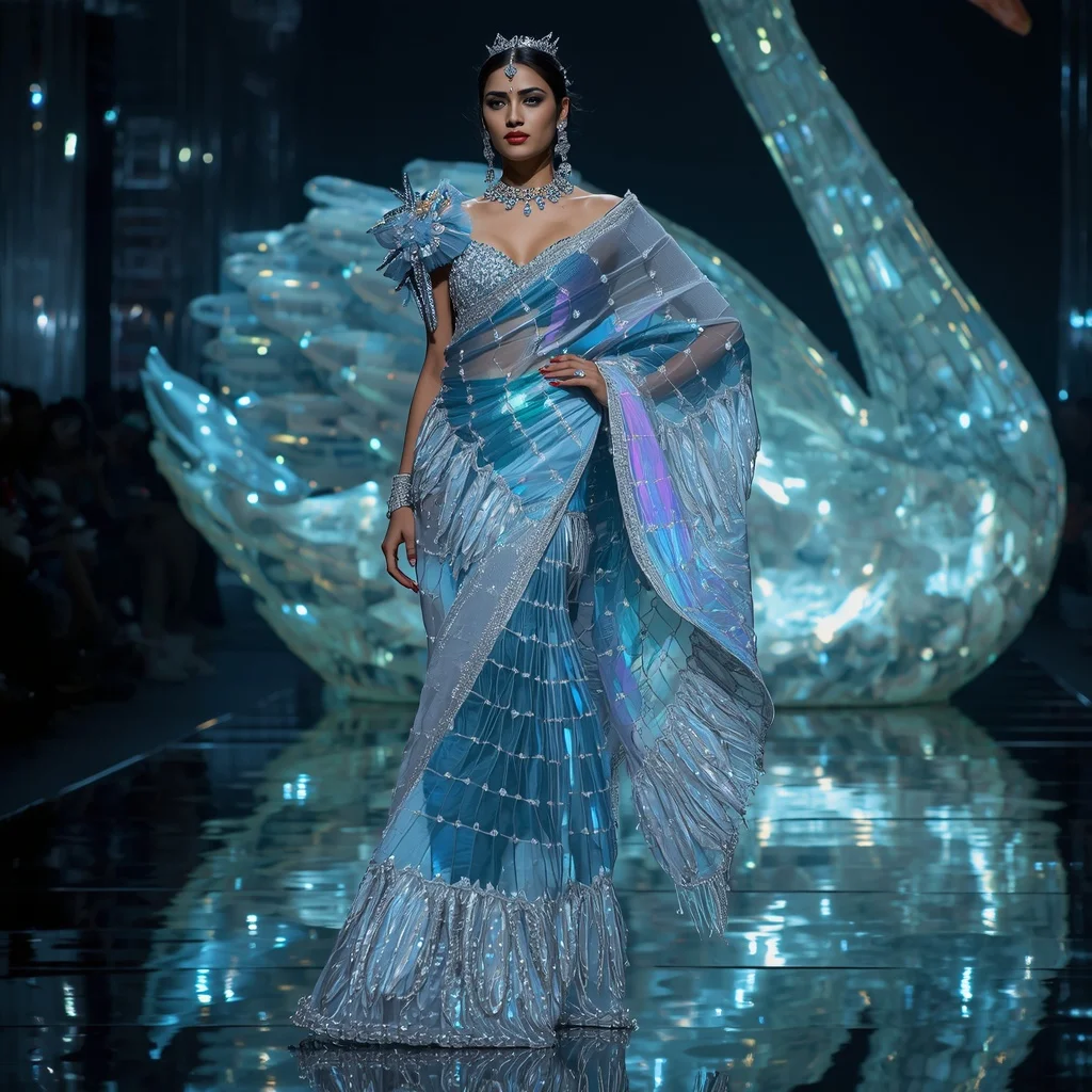 Ultra Luxury Neon Swan Crystal Saree with Floating Editorial Spiral Walk and Giant Glass Swan Reflection Palace Background | South Indian Prompt For Gemini Girl Instagram