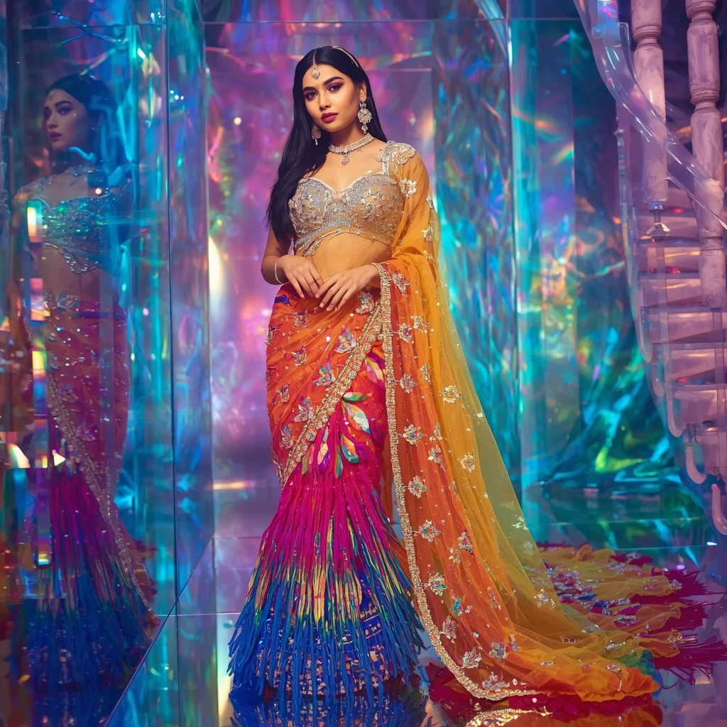 Ultra Luxury Rainbow Crystal Firebird Saree with Prism Fantasy Kingdom Background | Profile Picture Ai Prompt