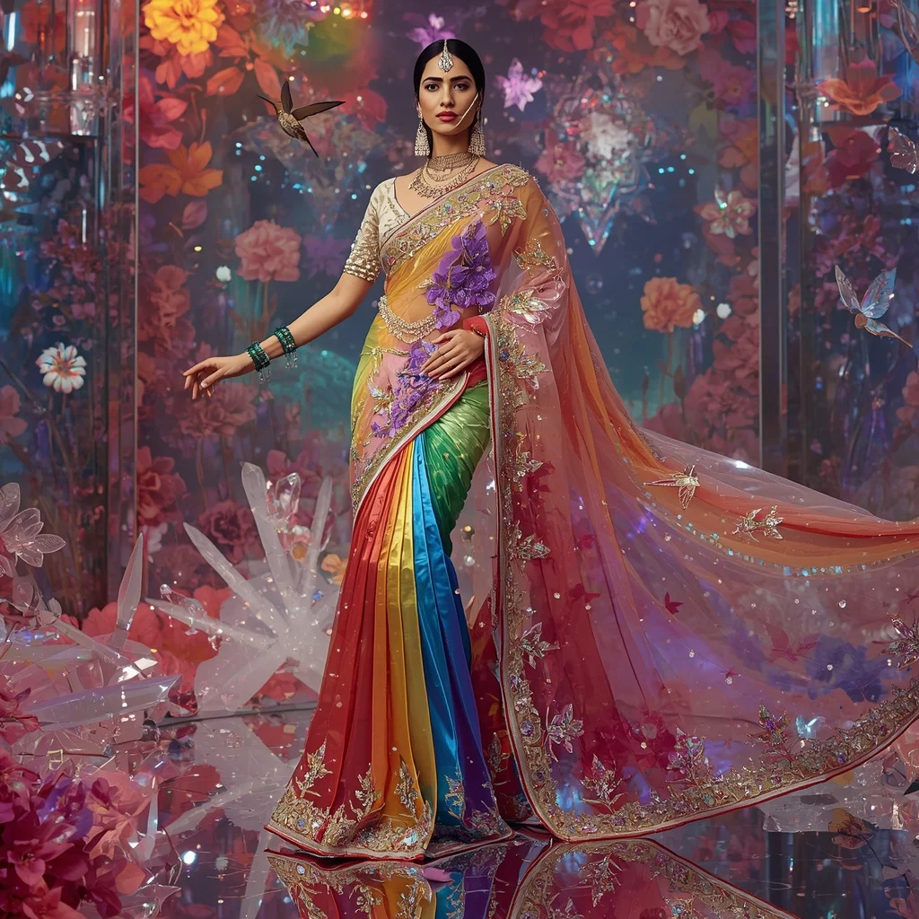 Ultra Luxury Rainbow Crystal Hummingbird Saree with Prism Floral Kingdom Background | Fitness Model Ai Prompt