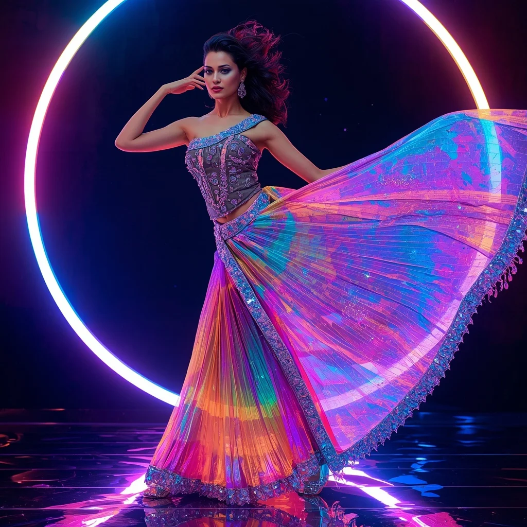 Ultra Luxury Rainbow Crystal Saree with Dynamic Editorial Air Curl and Neon Reflection Ring Background | Ai Prompt For Instagram
