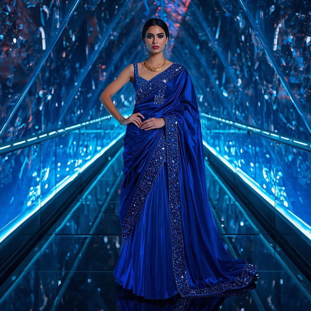 Ultra Modern Sapphire Aurora Crown Saree with Infinity Crystal Bridge Background | Instagram Prompt For Traditional Look For Girl