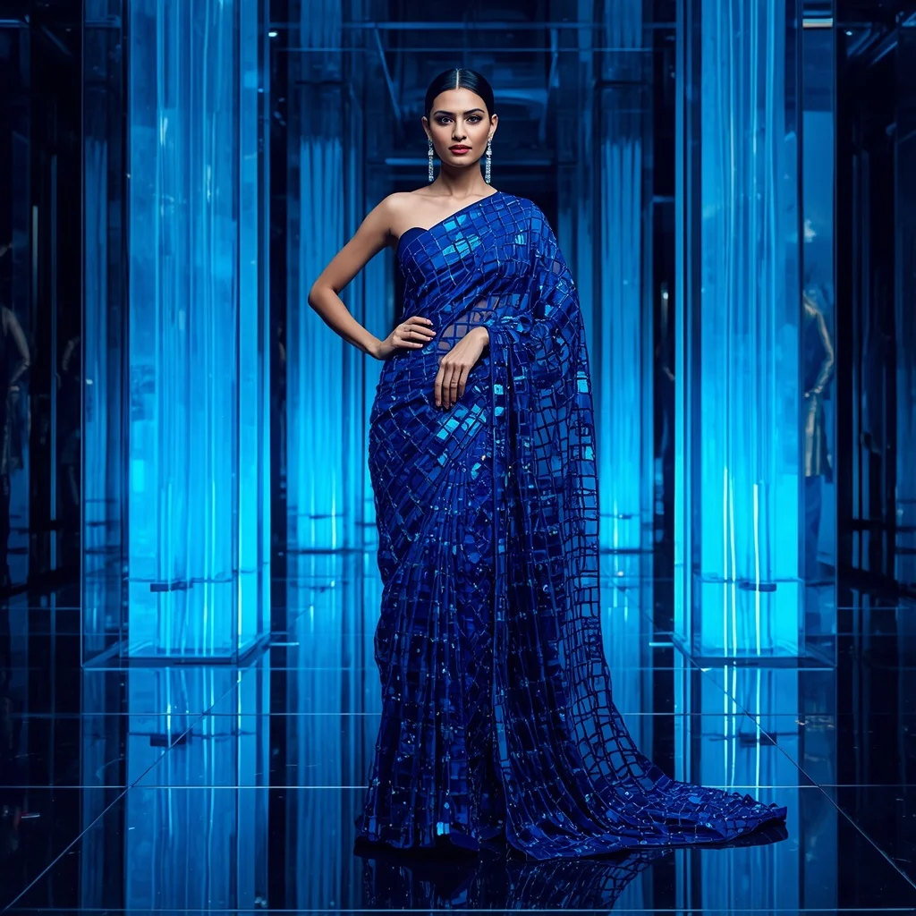 Ultra Modern Sapphire Aurora Grid Saree with Futuristic Crystal Nexus Background | Girls Trending Prompt Gemini Instagram