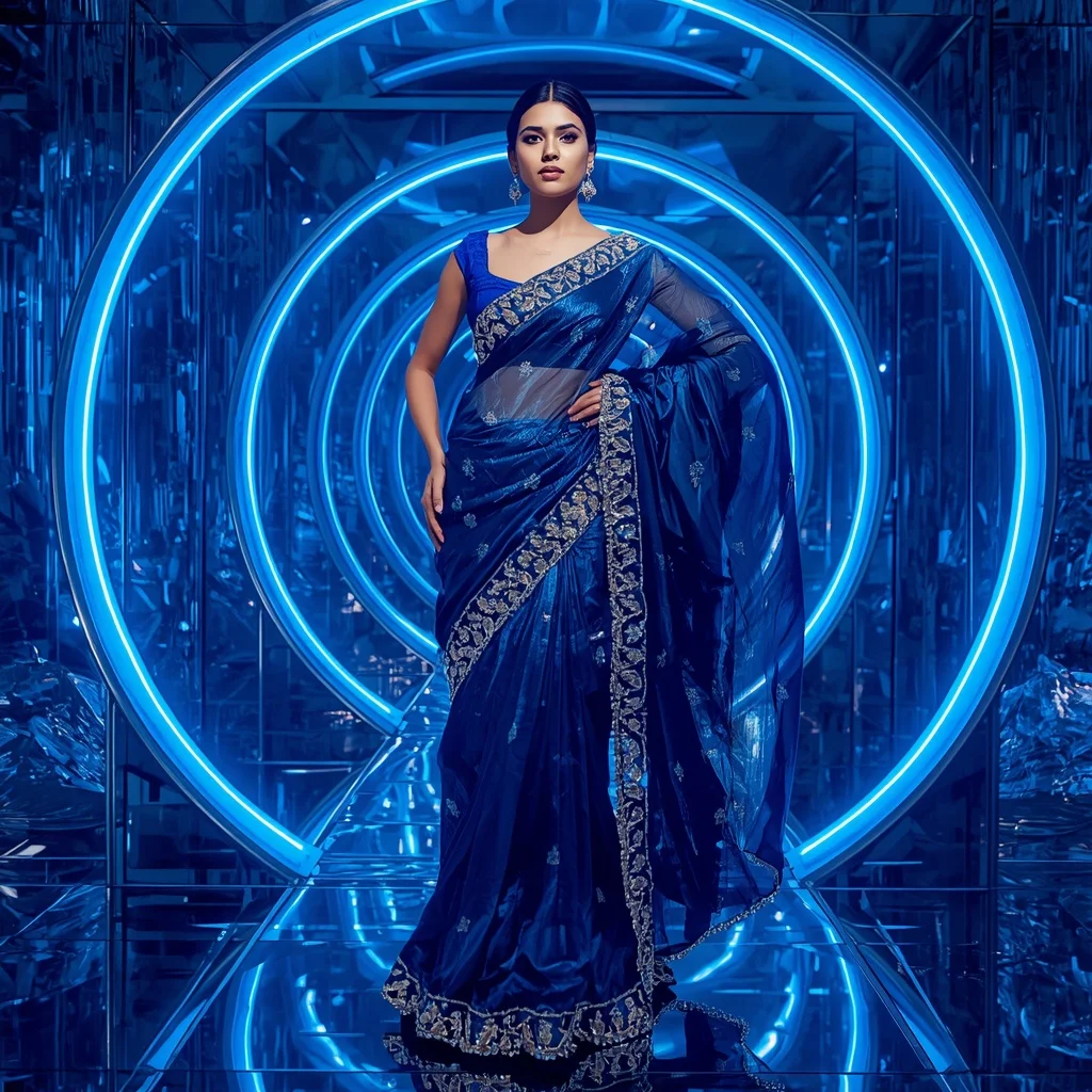 Ultra Modern Sapphire Aurora Prism Saree with Futuristic Crystal Portal Background | Trending Prompts For Instagram For Girl