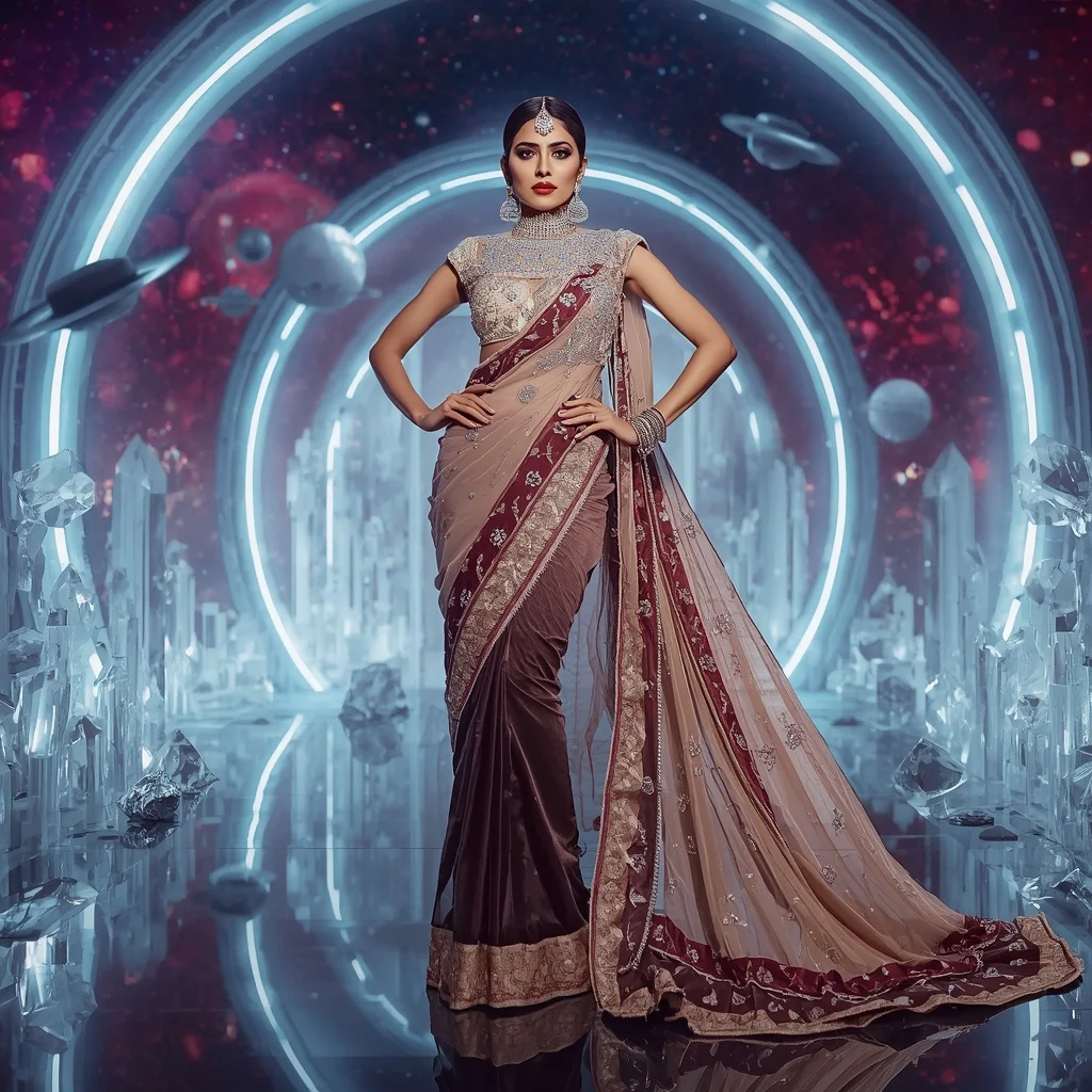 Ultra Premium Festival Diamond Maharani Couture Saree with Futuristic Crystal Crown Universe Background | Instagram Post Ai Prompt