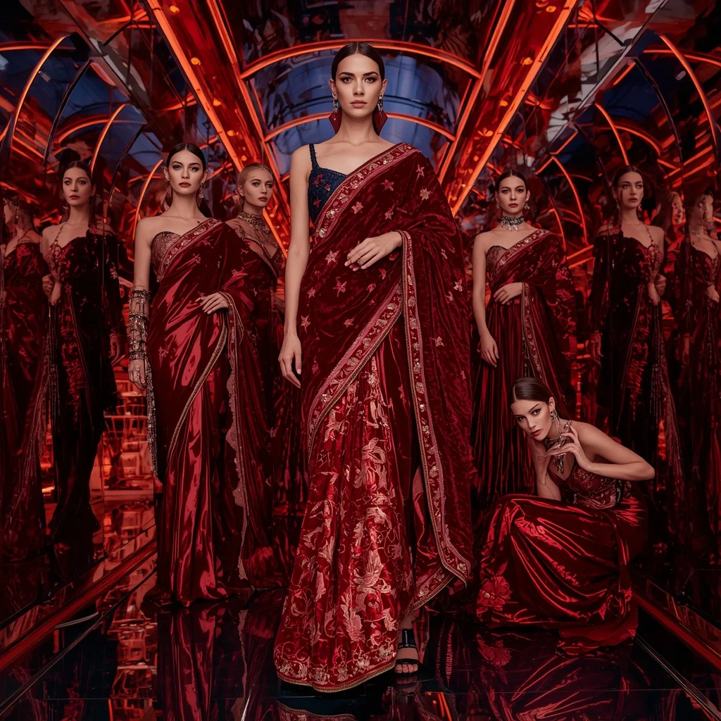 Velvet Crimson Galaxy Saree with Neon Reflection Infinity Sanctuary | New Design Ai Prompt