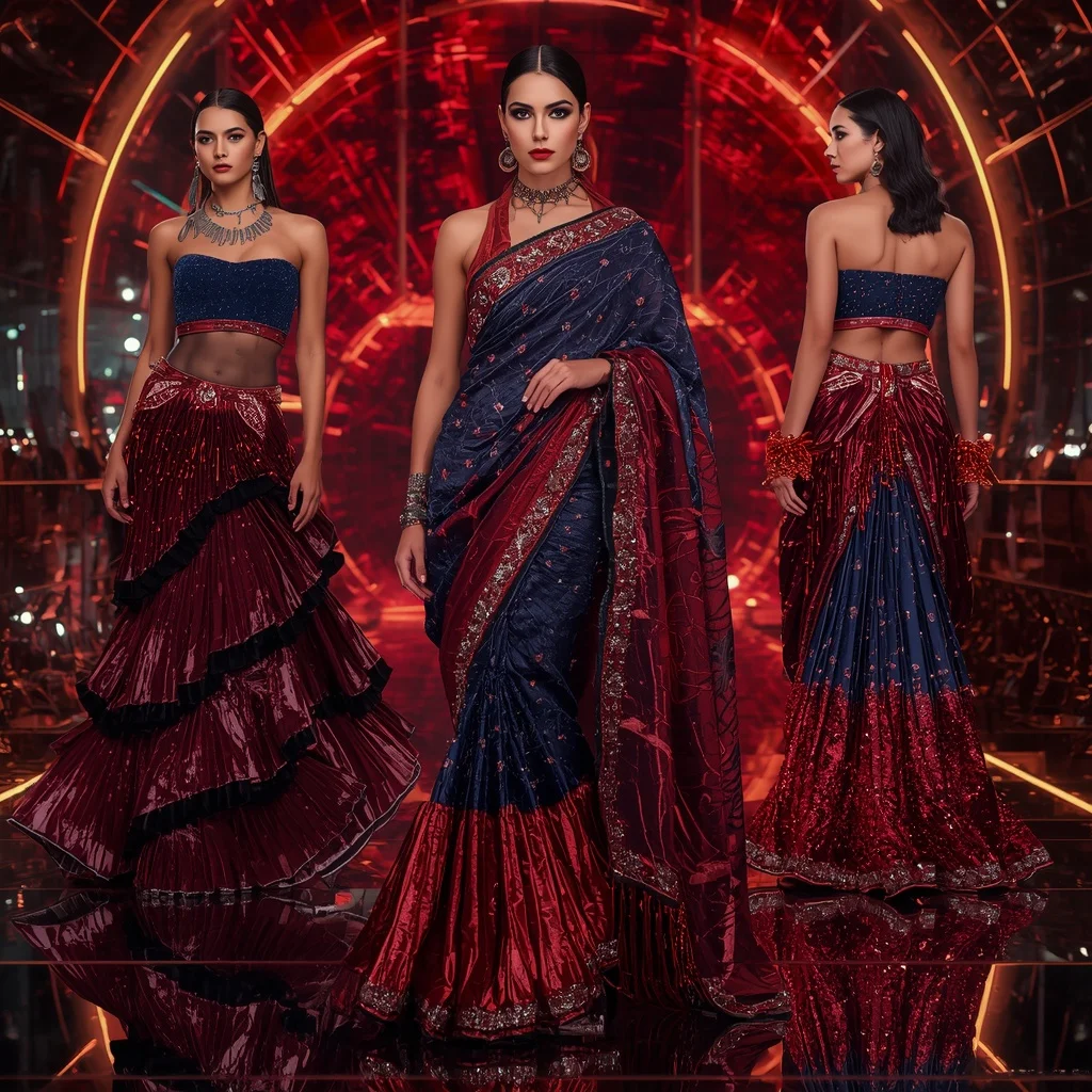 Velvet Crimson Galaxy Saree with Neon Reflection Orbit Citadel | Attitude Girl Prompt