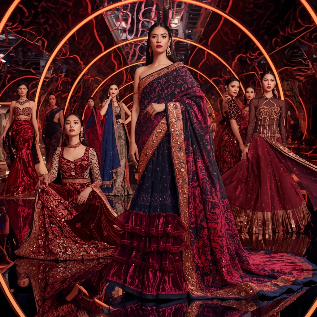Velvet Crimson Galaxy Saree with Neon Reflection Sanctuary | New Instagram Trend Prompt For Girl And Boy