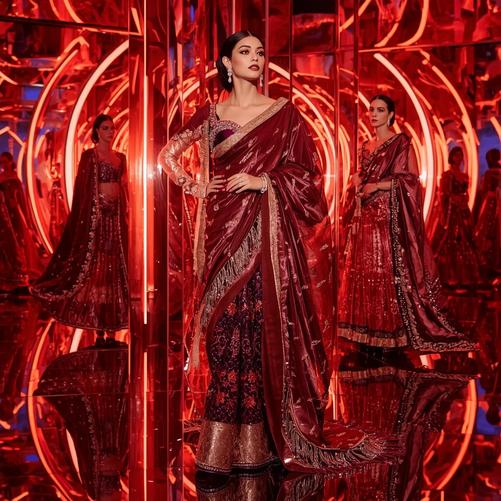 Velvet Crimson Mirage Saree with Neon Reflection Palace | Youtube Thumbnail Ai Prompt
