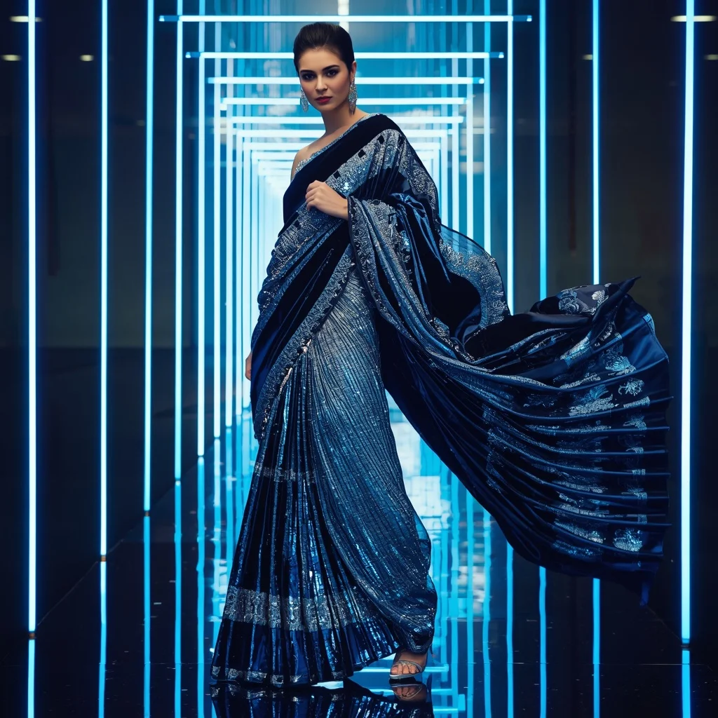 Velvet Crystal Eclipse Saree with Floating LED Infinity Corridors | Prompt Ai
