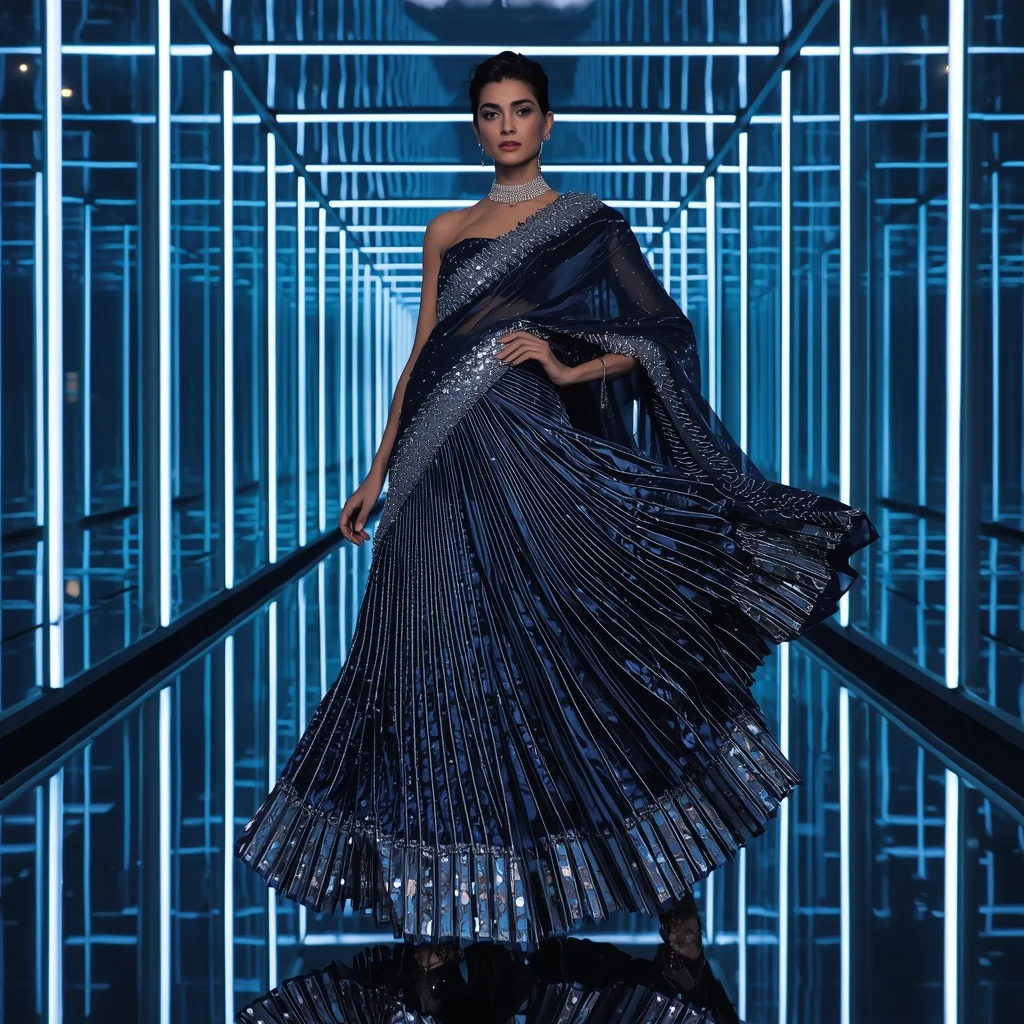 Velvet Crystal Eclipse Saree with Floating LED Infinity Hallways | Gemini Ai Prompt Copy Paste
