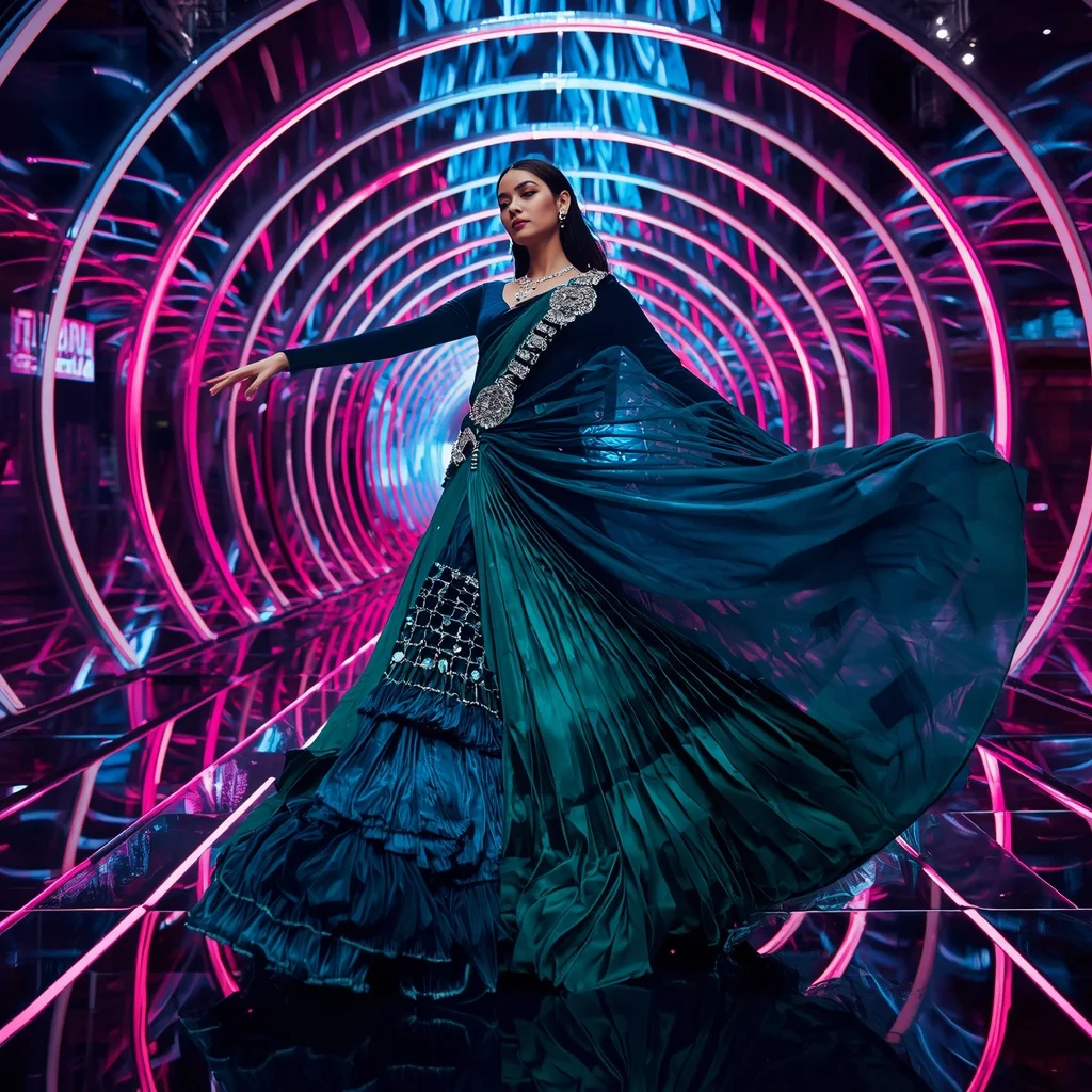 Velvet Galaxy Empress Saree with Neon Reflection Spiral Hall | Beautiful Saree Girl Ai Prompt