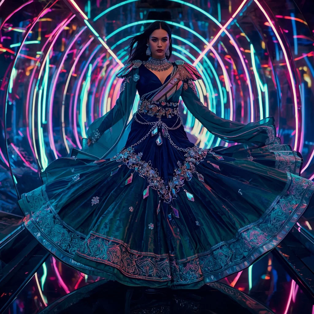 Velvet Nebula Crystal Saree with Neon Reflection Spiral Corridor | Prompt Seen Girl Photo Editing