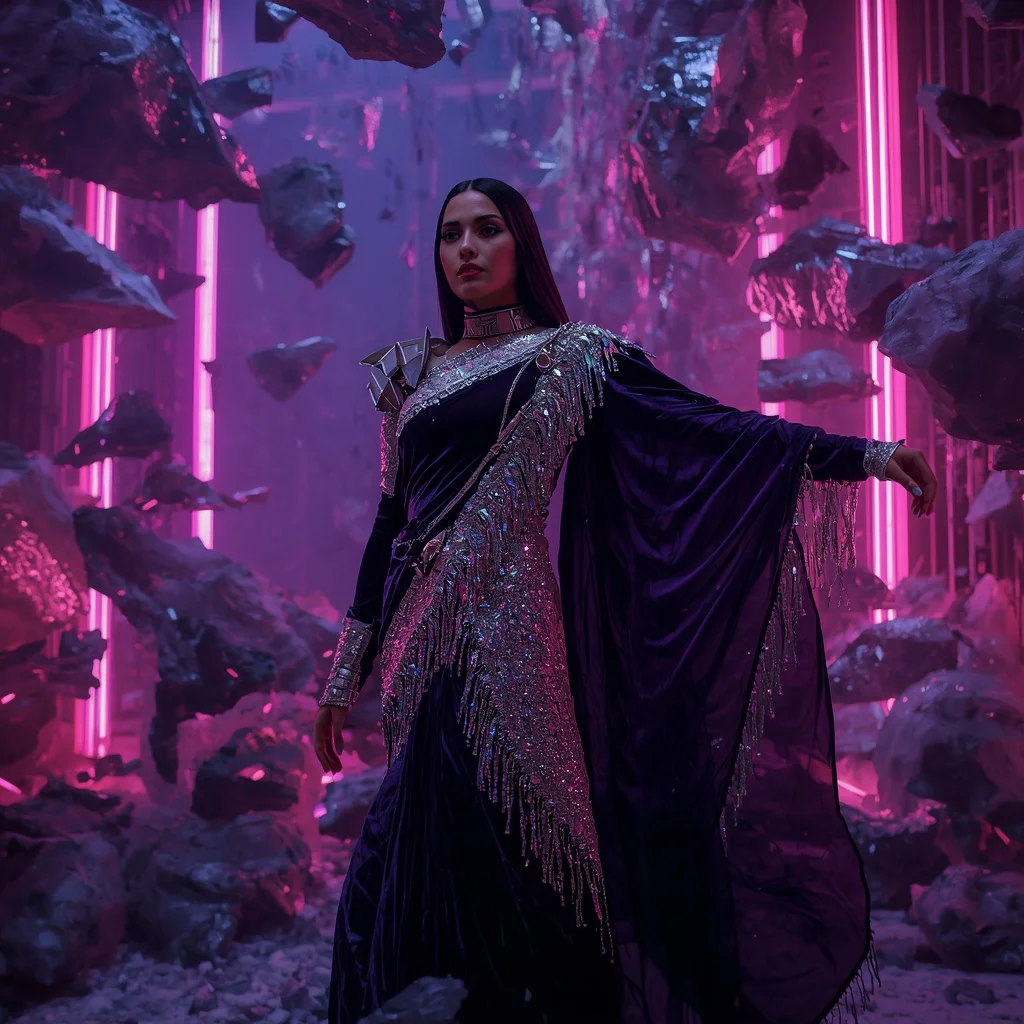 Velvet Nebula Fragment Singularity Abyss Armor Saree with Floating Crystal Storm Nebula Matrix Collapse Field | Trending Prompt Girls Traditional