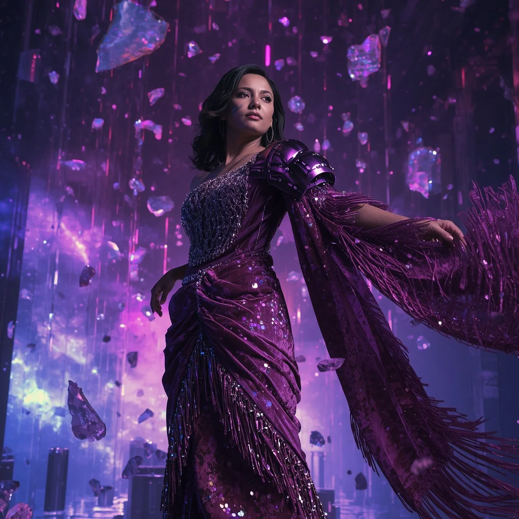 Velvet Nebula Fragment Singularity Armor Saree with Floating Crystal Storm Matrix Collapse Nebula Field | New Instagram Trend Prompt For Girl And Boy Copy And Paste