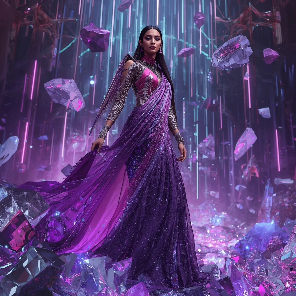 Velvet Nebula Fragment Singularity Core Armor Saree with Floating Crystal Storm Matrix Nebula Collapse Field | Influencer Ai Prompt