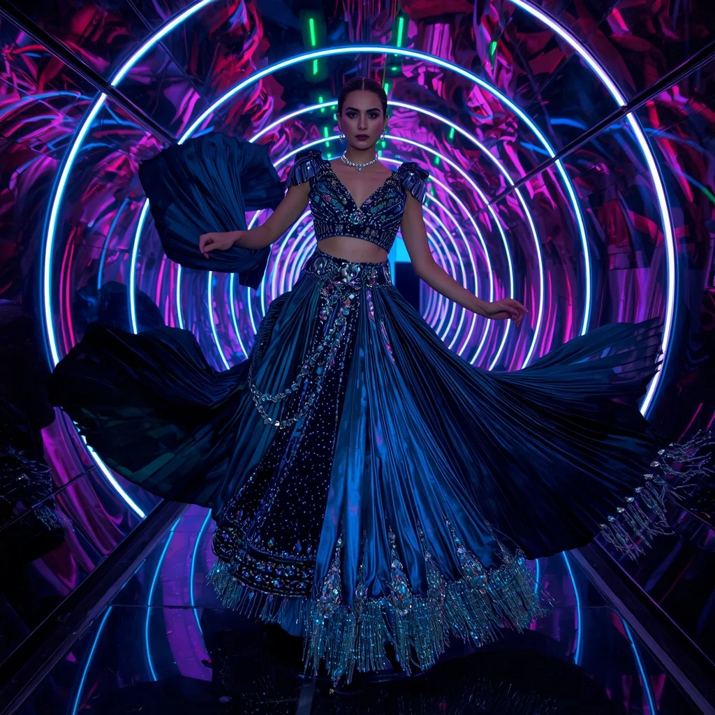 Velvet Nebula Queen Saree with Neon Reflection Spiral Corridor | Instagram Viral Photo Ai Prompt