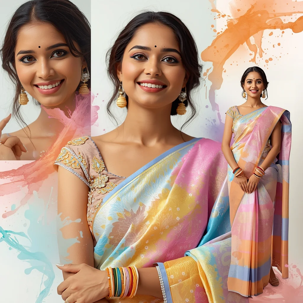 Vibrant Pastel Color Splash Saree Indian Woman Creative Collage | Saree Photo Ai Prompt