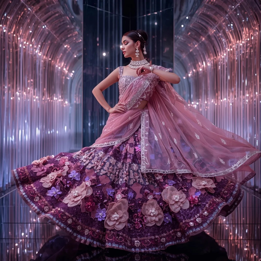 Violet Aurora Blossom Queen Saree with Crystal Infinity Atrium | Ai Prompt For Social Media