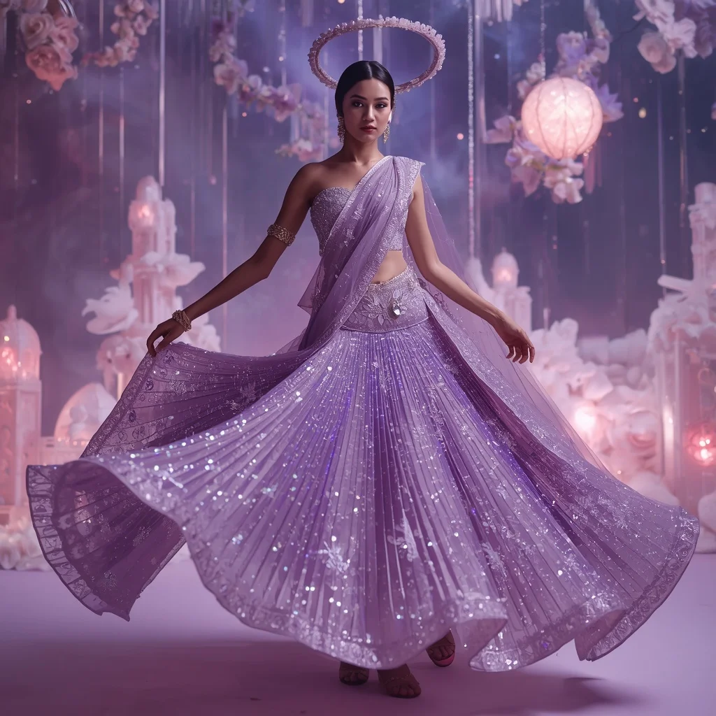 Violet Crystal Cosmos Saree with Floating Bloom Galaxies and Aurora Fantasy Universe | Prompt Seen Trending Girl AI Photo