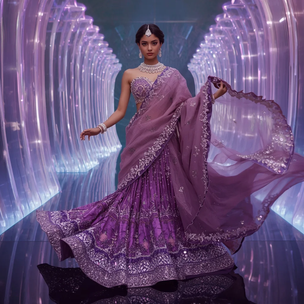 Violet Nebula Dream Saree with Crystal Harmony Infinity Pavilion | Girl Photo Prompt Gemini