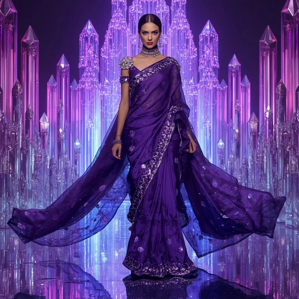 Violet Nova Mirror Saree with Neon Infinity Crystal Fortress | South Indian Prompt For Gemini Girl Instagram