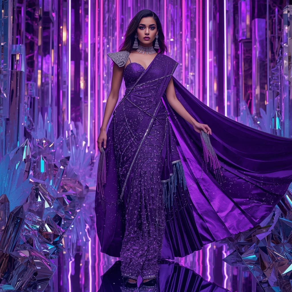 Violet Prism Galaxy Saree with Neon Infinity Crystal Kingdom | Saree Instagram Ai Prompt